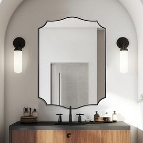 Gold Mirror for Bathroom, Gold Scalloped Bathroom Mirror, Vintage Vanity Mirror, Irregular Mirror in Stainless Steel, 22 x 30 Antique Brass Mirror, Wall Mounted Mirrors with Curved Edge