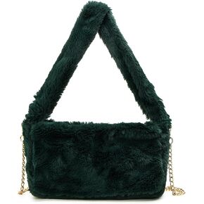Fake Fur Purse for Women Dark Green Furry Handbag Shoulder Bag Crossbody Bag with Chain Strap
