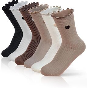 Ruffle Socks for Women Cozy Cotton Heart Crew Socks Gifts for Her 6 Pairs