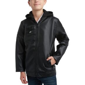 URBAN REPUBLIC Boys' Biker Jacket - Black Faux Leather Lightweight Hooded Motorcycle Outerwear Jacket for Boys (Sizes: 8-20)