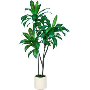 6FT Tall Faux Dracaena Tree with White Tall Planter, Artificial Plants with Natural Wood Trunk and Lifelike Leaves for Home Office Decor, Green
