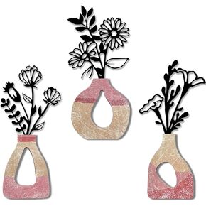 lyyochinn 3 Pieces Metal Vase Flowers Wall Art,Metal Flowers Wall decor,Rustic Farmhouse wall decoration for Kitchen,Living Room,Bathroom Housewarming and Mother's Day Gift(16.5×7.5in)