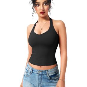 YEOREO Aherin Women Sexy Halter Tank Tops V Neck Cami Padded Open Back Sleeveless Y2K Going Out Crop Tops