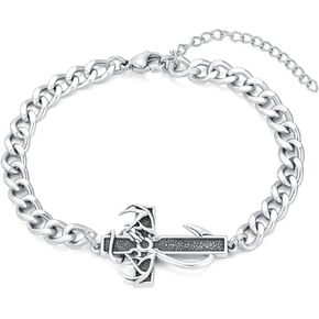 Cross Bracelet for Men 925 Sterling Silver Oxidized Vintage Fish Hook Deer Antler Cross Jewelry Hunting Cross Gifts for Men Cuban Chain