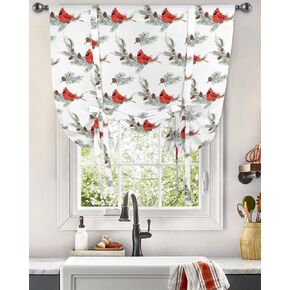 Christmas Cardinal Tie Up Curtain for Kitchen,Red Bird Pinecone Seamless Rod Pocket Balloon Curtains Adjustable Tie-up Shade Valance for Bedroom Bathroom,Green Holly Branch Window Treatment 42x45IN