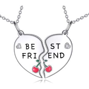 TIGER RIDER Cherry Heart/Fox 925 Sterling Silver Friendship Necklace for Women Friend Sister Cute Jewelry Gift Birthday Christmas