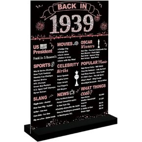 DARUNAXY Rose Gold 86th Birthday Gift for Women, Large Back in 1939 Poster Acrylic Table Sign with Stand for Girl 86 Year Old Birthday Party Supplies Vintage 1939 86 Birthday Decorations for Women