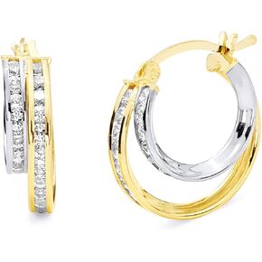 14k REAL Two Tone Gold 5mm Thickness Double Huggie Hoop Earrings (15 x 15 mm)