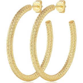 NICRET Hoop Earrings 14K Gold Hoop Earrings for Women Big Hoop Earrings Wrinkled Surface Thin Gold Hoop Earrings Paddle Back 39 * 2.5mm (Gold)