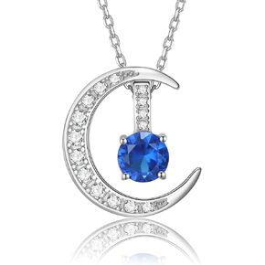 925 Sterling Silver Lab-Created Gemstone Necklace for Women, Birthstone Necklace Crescent Moon Pendant, Chain Adjustable up to 19"