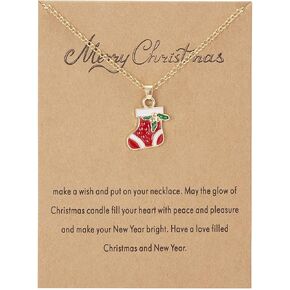 Christmas Card Necklace, 14k Gold Plated Christmas Tree Santa Claus Boots Socks Pendant Necklace for Women，Make a Wish Card Jewelry Gift