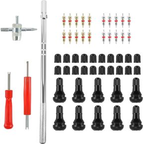 Asooll 54pcs Valve Stem Puller Installer Tool 4 Way Valve Core Remover, Snap-in Valve Stems and Caps with Pure Copper Valve Stem Cores Single Head Tire Valve Core Remover Installer Tool