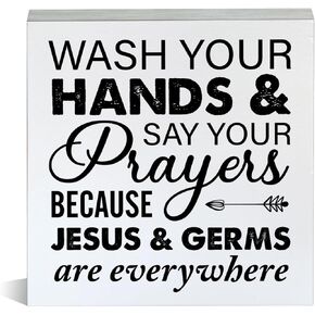 Farmhouse Wash Your Hands and Say Your Prayers Wooden Box Sign Bathroom Wood Block Tabletop Sign Decorative Desk Sign Home Shelf Decor 5 X 5 Inches