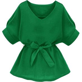 Milumia Women's Casual V Neckline Self Tie Short Sleeve Work Blouse Tunic Tops