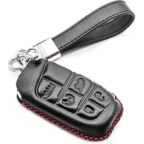 Fit for Dodge Durango Challenger Charger Hornet Jeep Compass Grand Cherokee WK Ram Promaster 1500 2500 3500 Chrysler 300 Genuine Leather Key Fob Cover (5-Button, Black/Red)