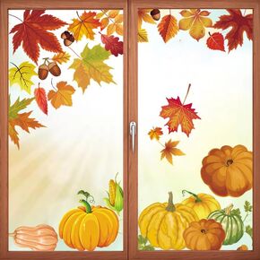 Fall Leaves Window Clings, Removable Pumpkin Window Stickers Double Sided Autumn Thanksgiving Window Clings for Home Classroom Office Glass Windows Decorations