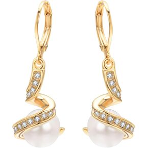 Dainty Pearl Leverback Dangle Earrings for Women 18K Gold Plated Rhinestone Hoop Drop Earrings Women Dangling Jewelry