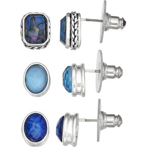 Napier Blue And Multicolored Stone Stud Earring Trio, Silver Tone