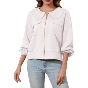 Women Zip Up Sweatshirt Long Sleeve Drop Shoulder Lapel Zip Through Loose Casual Sweatshirt Jackets with Pocket