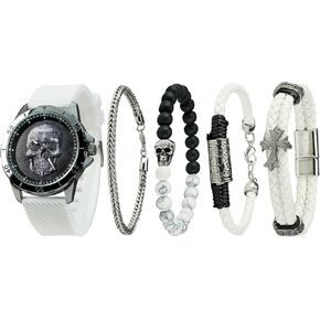 Men's Skull Watch with Stackable Bracelet Set, Silicone Band