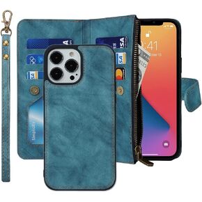iCoverCase for iPhone 13 Pro Max Wallet Case with Card Holder and Wrist Strap, PU Leather Kickstand Card Slots Zipper Pocket Magnetic [Detachable] Flip Cover Case 6.7 Inch (Claret) in Saudi Arabia