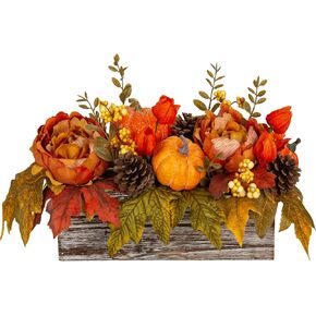 Fall Decor Autumn Harvest Pumpkins Centerpiece - Artificial Peony Arrangement in Wooden Box for Thanksgiving Party Mantel Fall Decor