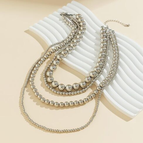 Jumwrit Dainty Layered Ball Beaded Choker Necklace Boho Chunky Bib Chain Necklace Punk Statement 4 Tier Long Pendant Necklace Accessories for Women Girls in Kuwait