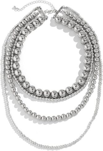 Jumwrit Dainty Layered Ball Beaded Choker Necklace Boho Chunky Bib Chain Necklace Punk Statement 4 Tier Long Pendant Necklace Accessories for Women Girls in Kuwait