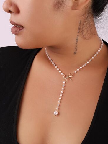 Sacina Silver-tone-tone Imitation- Imitation-pearl Choker Necklace, Imitation-Imitation-pearl Necklaces for Women, Bow Necklace, Drop Necklace, Long Imitation-Imitation-pearl Necklace, Christmas Jewelry Gift for Women in Saudi Arabia