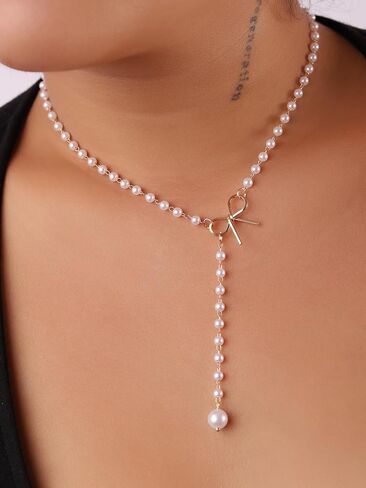 Sacina Silver-tone-tone Imitation- Imitation-pearl Choker Necklace, Imitation-Imitation-pearl Necklaces for Women, Bow Necklace, Drop Necklace, Long Imitation-Imitation-pearl Necklace, Christmas Jewelry Gift for Women in Saudi Arabia