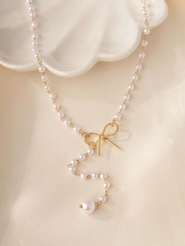Sacina Silver-tone-tone Imitation- Imitation-pearl Choker Necklace, Imitation-Imitation-pearl Necklaces for Women, Bow Necklace, Drop Necklace, Long Imitation-Imitation-pearl Necklace, Christmas Jewelry Gift for Women in Saudi Arabia
