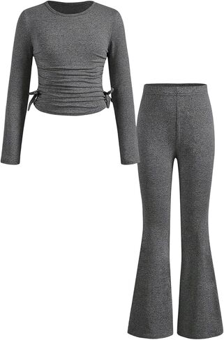 Floerns Girl's Two Piece Outfit Bowknot Knit Tee Shirt with Flare Leg Pants Set in Kuwait