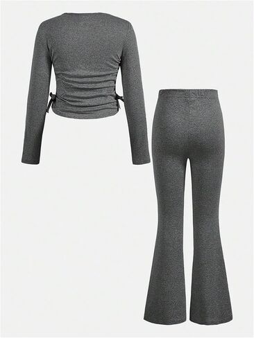 Floerns Girl's Two Piece Outfit Bowknot Knit Tee Shirt with Flare Leg Pants Set in Kuwait