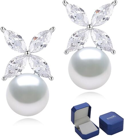Sterling Silver Pearl Earrings for Women, Marquise Cubic Zirconia Clover Stud Earrings 18K White Gold Plated, 8.5MM Freshwater Cultured Pearls Jewelry Gifts Hypoallergenic in Saudi Arabia