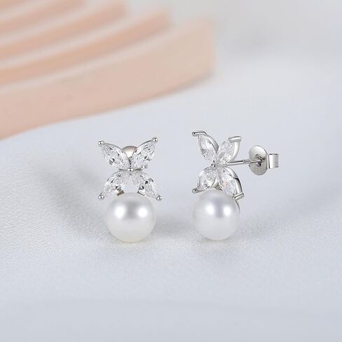 Sterling Silver Pearl Earrings for Women, Marquise Cubic Zirconia Clover Stud Earrings 18K White Gold Plated, 8.5MM Freshwater Cultured Pearls Jewelry Gifts Hypoallergenic in Saudi Arabia