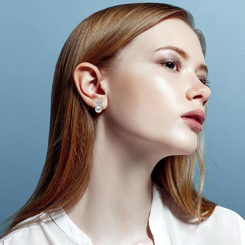 Sterling Silver Pearl Earrings for Women, Marquise Cubic Zirconia Clover Stud Earrings 18K White Gold Plated, 8.5MM Freshwater Cultured Pearls Jewelry Gifts Hypoallergenic in Saudi Arabia