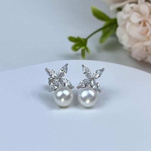 Sterling Silver Pearl Earrings for Women, Marquise Cubic Zirconia Clover Stud Earrings 18K White Gold Plated, 8.5MM Freshwater Cultured Pearls Jewelry Gifts Hypoallergenic in Saudi Arabia