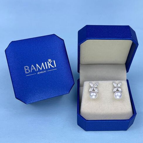Sterling Silver Pearl Earrings for Women, Marquise Cubic Zirconia Clover Stud Earrings 18K White Gold Plated, 8.5MM Freshwater Cultured Pearls Jewelry Gifts Hypoallergenic in Saudi Arabia