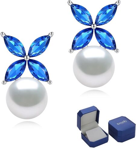Sterling Silver Pearl Earrings for Women, Marquise Cubic Zirconia Clover Stud Earrings 18K White Gold Plated, 8.5MM Freshwater Cultured Pearls Jewelry Gifts Hypoallergenic in Saudi Arabia