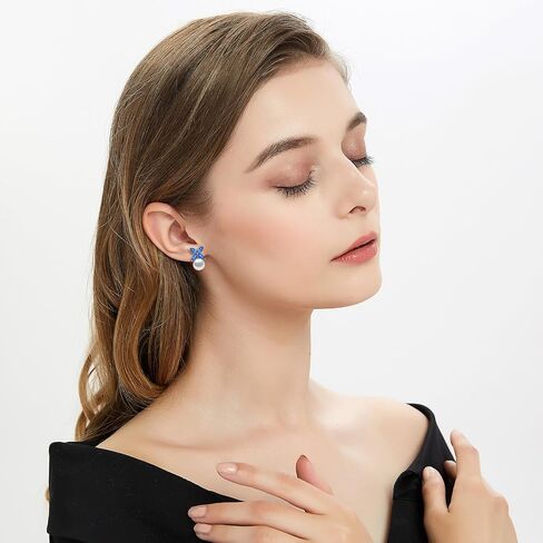 Sterling Silver Pearl Earrings for Women, Marquise Cubic Zirconia Clover Stud Earrings 18K White Gold Plated, 8.5MM Freshwater Cultured Pearls Jewelry Gifts Hypoallergenic in Saudi Arabia