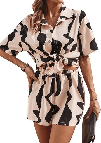 Verdusa Women's 2 Piece Outfits Drop Shoulder Button Down Blouse Shorts Sets in Saudi Arabia