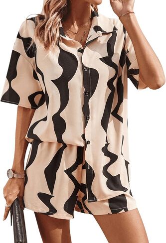 Verdusa Women's 2 Piece Outfits Drop Shoulder Button Down Blouse Shorts Sets in Saudi Arabia