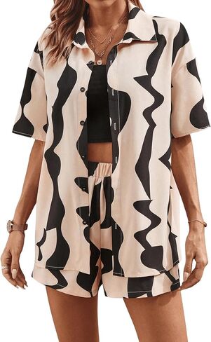 Verdusa Women's 2 Piece Outfits Drop Shoulder Button Down Blouse Shorts Sets in Saudi Arabia