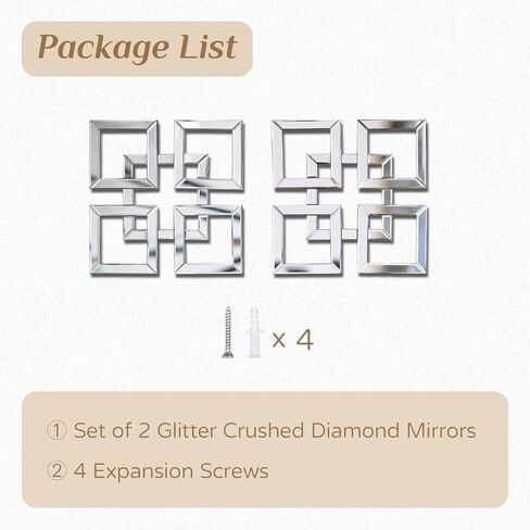 Modern Mirrors for Wall Decor - Crushed Diamond Glitter Decorative Crystal Wall Hanging 3D Farmhouse Wall Art for Dining Room Kitchen Office Mirror Decor (2, Square) in Saudi Arabia