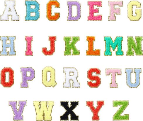 52 Pcs Iron On Letter Patches Colorful Chenille Embroidered Patches with Gold Glitter Border Sew On for Clothes Backpacks Bags Jacket Halloween Christmas Stockings DIY in Saudi Arabia