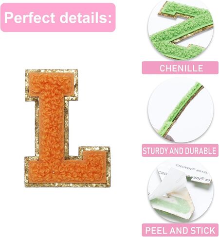 52 Pcs Iron On Letter Patches Colorful Chenille Embroidered Patches with Gold Glitter Border Sew On for Clothes Backpacks Bags Jacket Halloween Christmas Stockings DIY in Saudi Arabia
