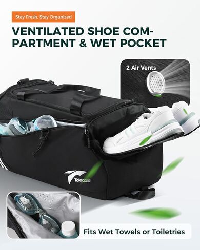 حقيبة رياضية من تولاسيا للرجال، حقيبة سفر من القماش الخشن بسعة 45 لتر، حقائب عطلة نهاية الأسبوع، حقيبة ظهر مع جيب مبلل وحجرة للأحذية، حقيبة رياضية من القماش الخشن للتمرين والمشي لمسافات طويلة والتسلق in Kuwait