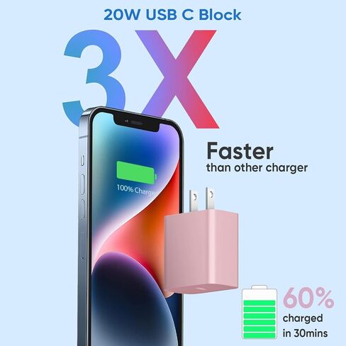 كتلة شاحن سريع iPhone 16/15، 20 وات، 3 عبوات، كتلة شاحن USB C من النوع C، كتلة شحن سريع، قابس جداري، محول PD من النوع C لهاتف iPhone 16 Pro Max/iPhone 15 Plus/14/13/12/11/X/AirPods/ آيباد برو/إير/ميني in Kuwait