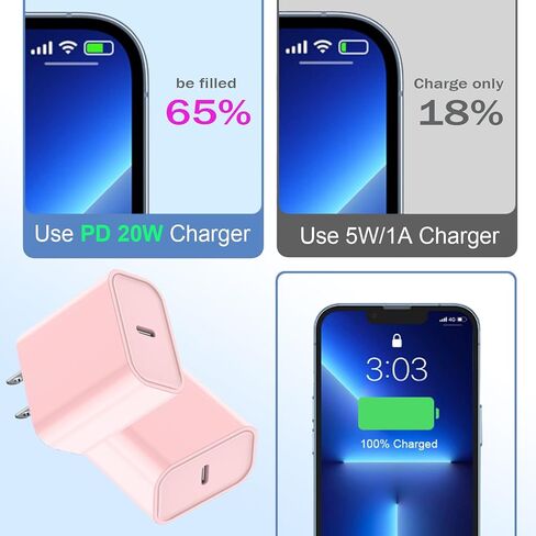 كتلة شاحن سريع iPhone 16/15، 20 وات، 3 عبوات، كتلة شاحن USB C من النوع C، كتلة شحن سريع، قابس جداري، محول PD من النوع C لهاتف iPhone 16 Pro Max/iPhone 15 Plus/14/13/12/11/X/AirPods/ آيباد برو/إير/ميني in Kuwait