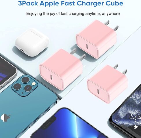 كتلة شاحن سريع iPhone 16/15، 20 وات، 3 عبوات، كتلة شاحن USB C من النوع C، كتلة شحن سريع، قابس جداري، محول PD من النوع C لهاتف iPhone 16 Pro Max/iPhone 15 Plus/14/13/12/11/X/AirPods/ آيباد برو/إير/ميني in Kuwait